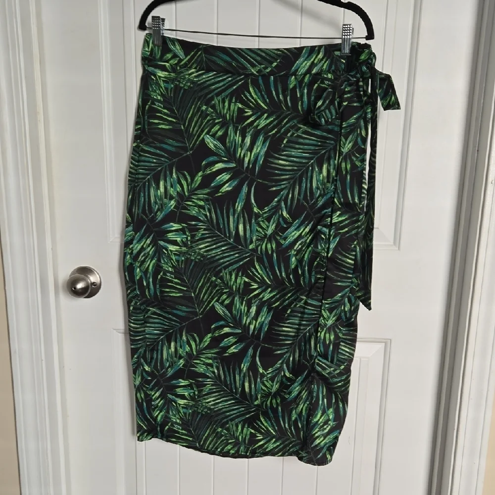 Apricot Green Palm Leaf Midi Skirt‎ Tropical Wrap Style Resortwear Summer Travel